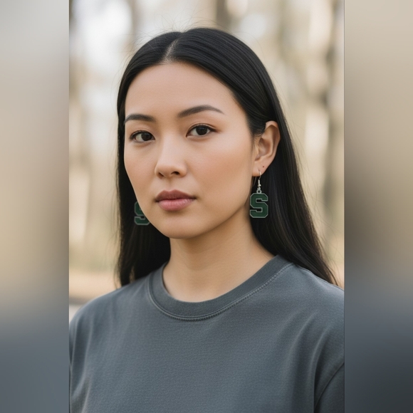 Michigan State Spartans Green and Silver Letter S Earrings - Picture 2 of 2